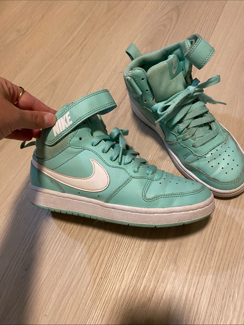 Nike Kids Mint Green High-Top Sneakers with White Swoosh